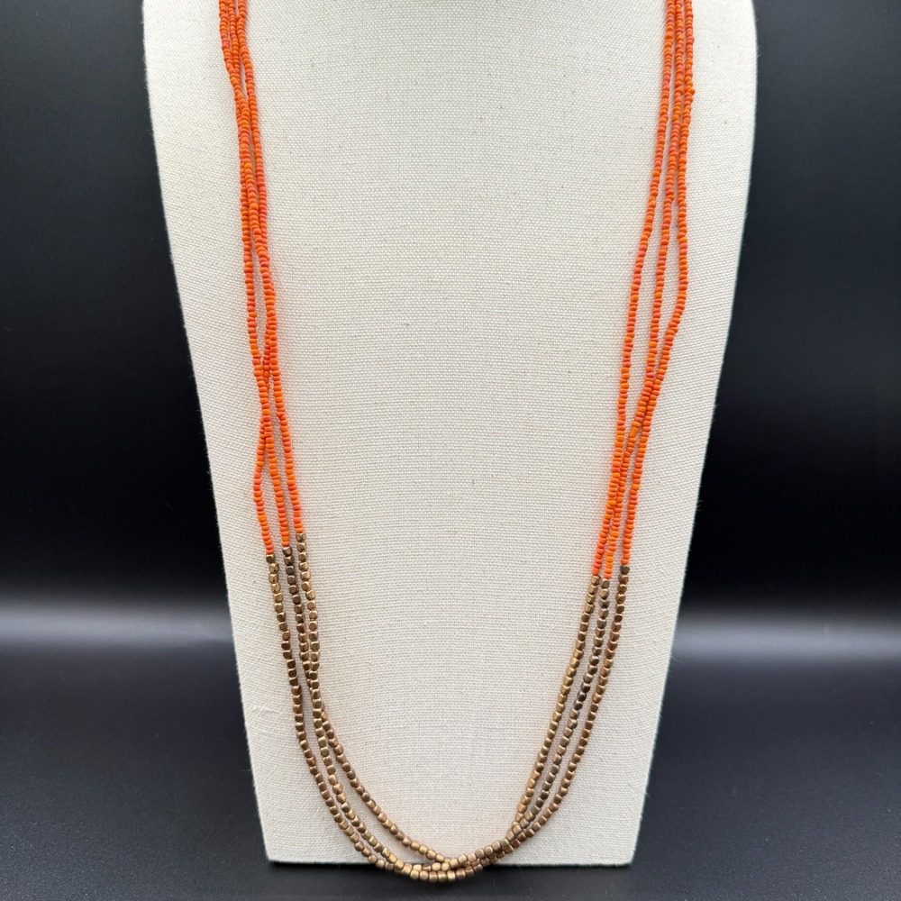 Orange Bronze Tone Seed Bead Multi Strand Necklace Layering Statement Festival